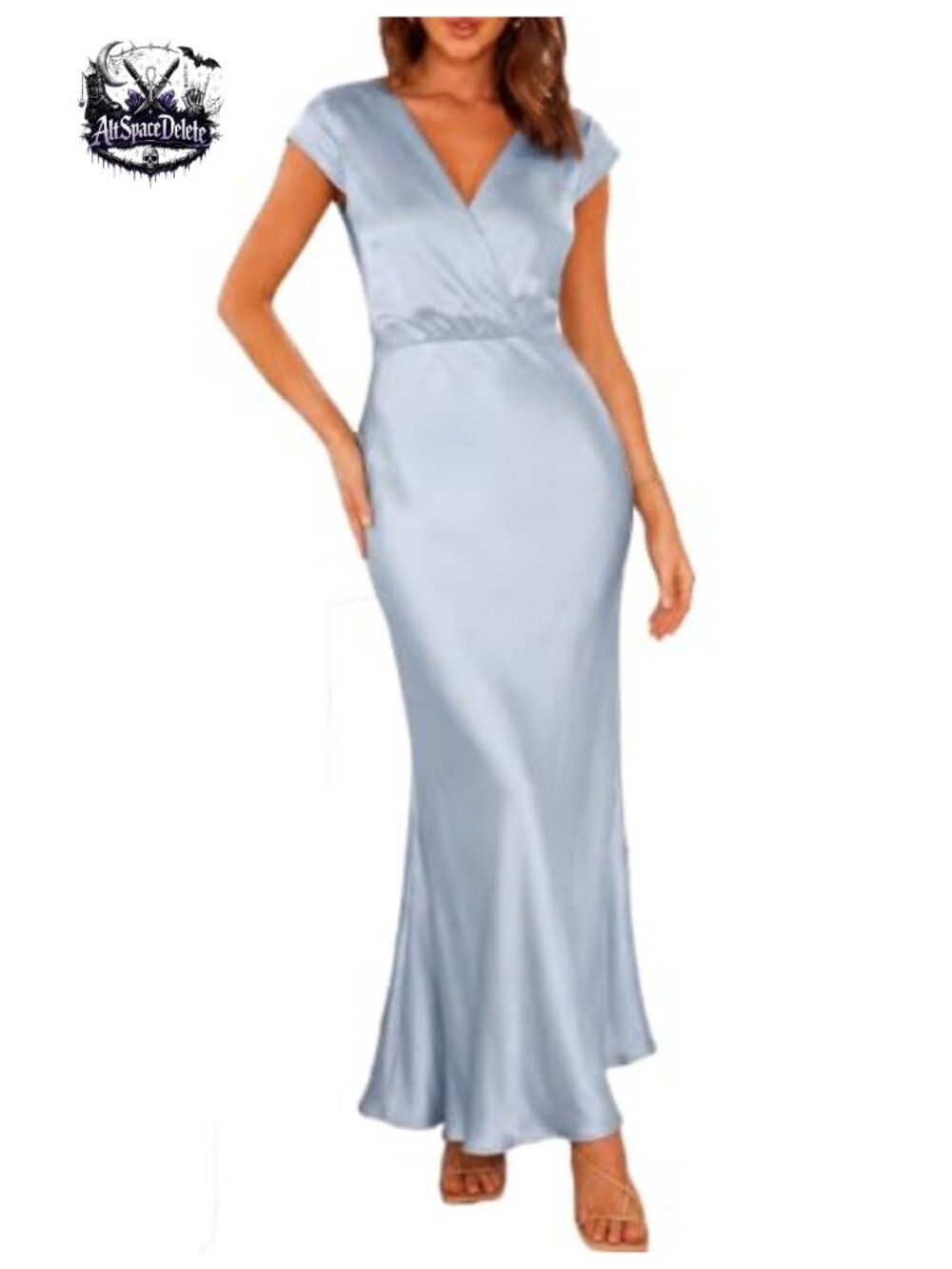 Satin Maxi Dress V Neck Cap Sleeve Formal Wedding Guest